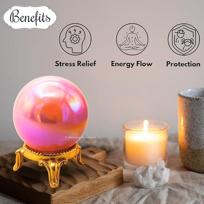 Amazing Gemstone Angel Aura Rose Quartz Crystal Ball with Stand - 2" Inches Crystal Sphere