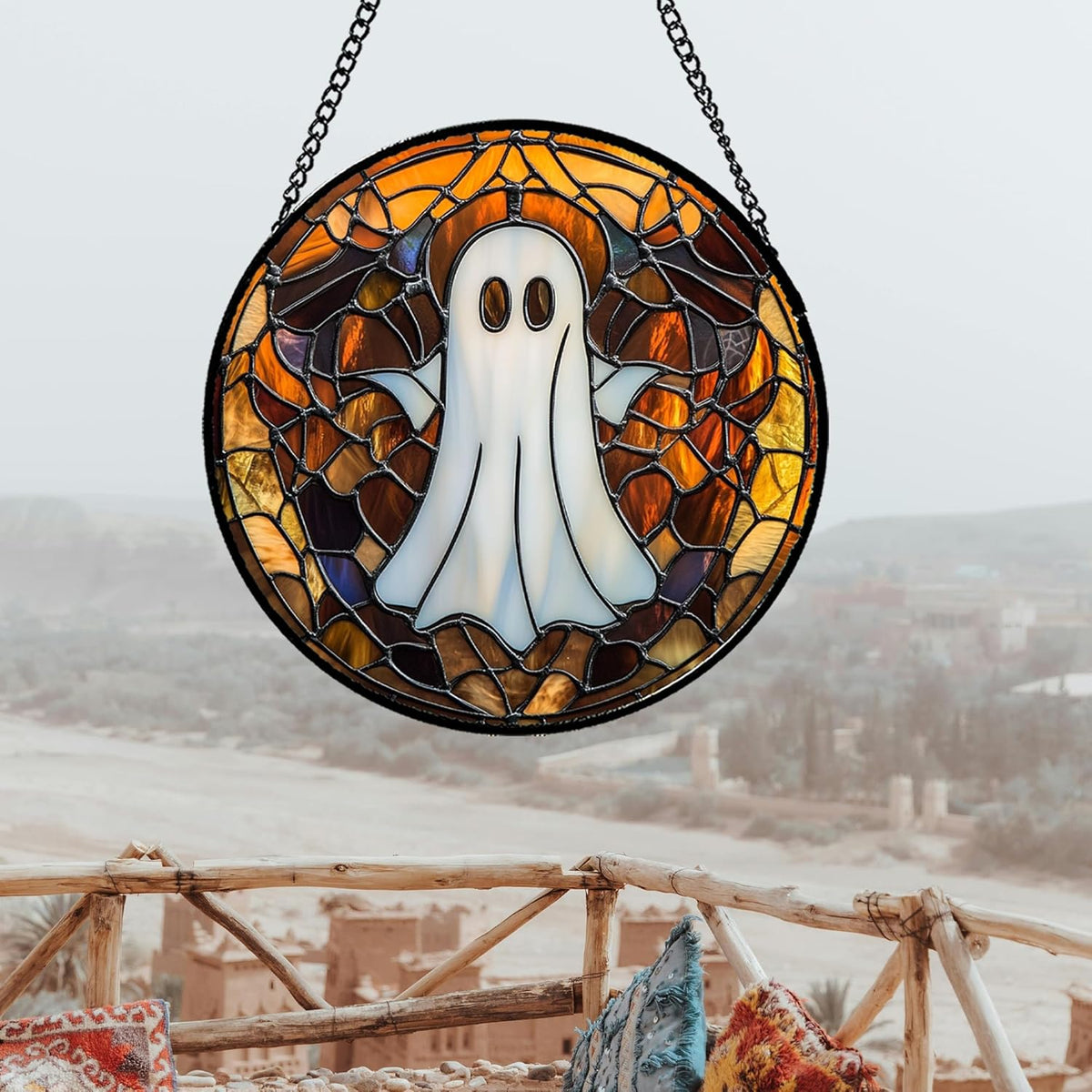 Stained Glass Window Hanging Halloween White Horror Ghost 7.8" - Suncatcher Door Garden Kitchen Sun