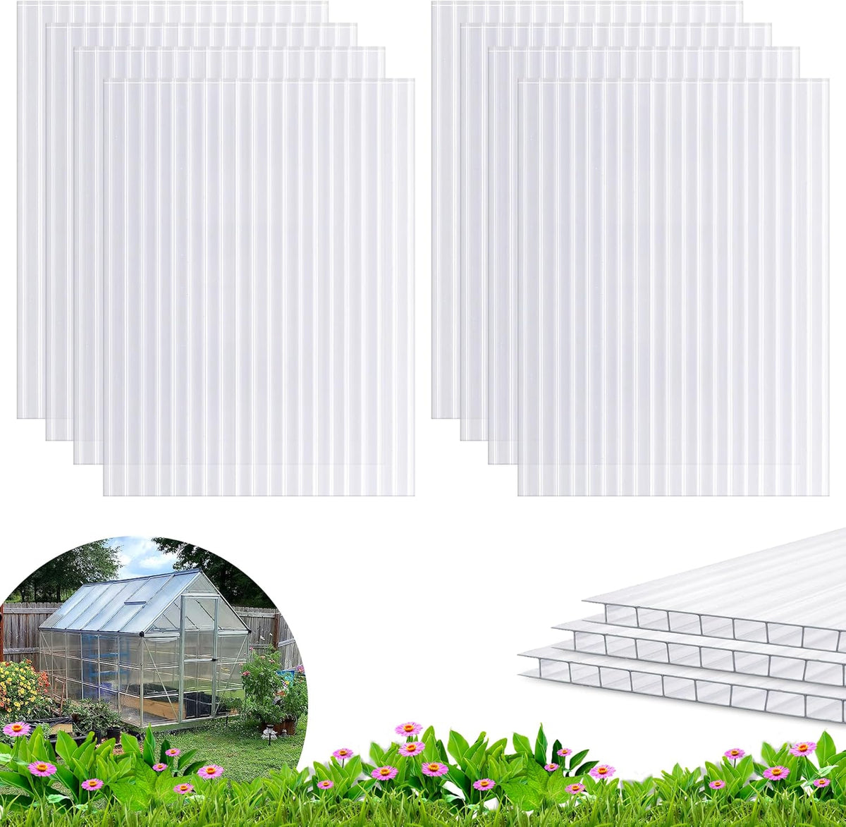 8 Pack 8' X 6' X 0.16'' Polycarbonate Greenhouse Panels, Waterproof UV Protected Clear