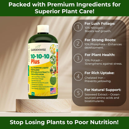 10-10-10 All Purpose Plant Food - Liquid Fertilizer with Seaweed Kelp & Iron - Indoor & Outdoor