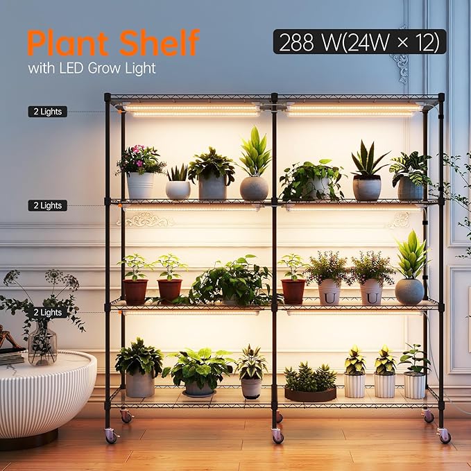 Bstrip Plant Shelf with Grow Light, 4-Tier Large Grow Light Shelf with Wheels, Stainless Steel