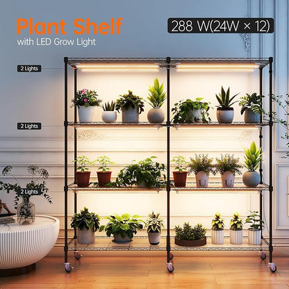 Bstrip Plant Shelf with Grow Light, 4-Tier Large Grow Light Shelf with Wheels, Stainless Steel