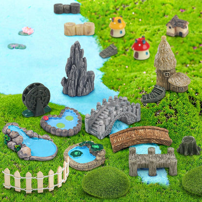 21 Pcs Fairy Garden Miniatures Accessories Bridge House Landscape Water Well Fence Figurines Pond