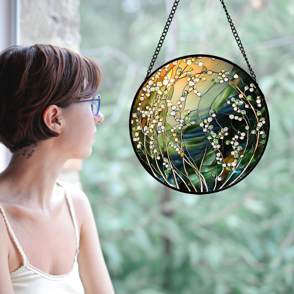 Stained Glass Suncatcher, Yellow Green Gradient Flower Sun Catcher Plants Stain Glass Window