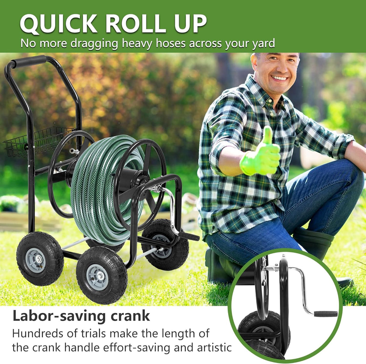 Hose Reel Hold Up To 300 Ft Heavy Duty Garden Hose Reel Sturdy Water Hose Reel Cart with 4 Wheels