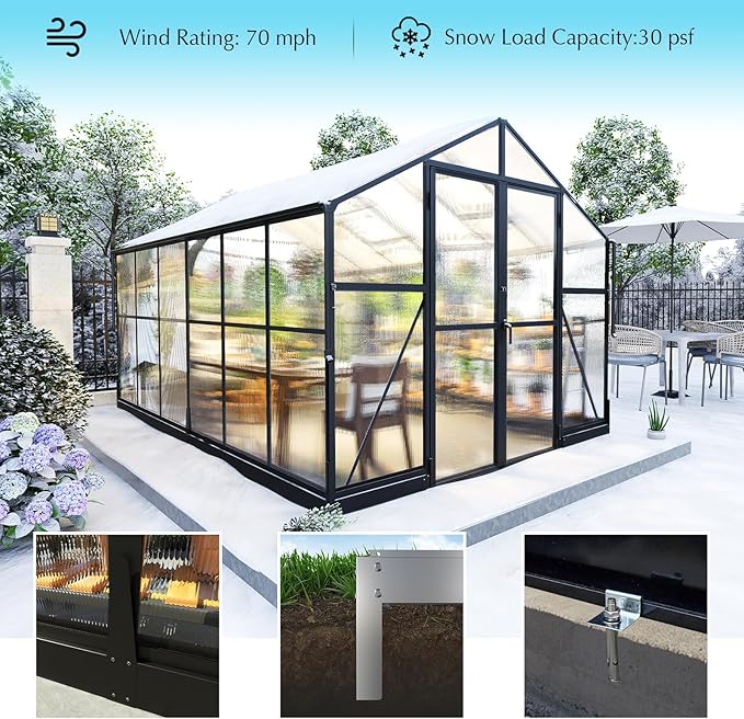 AMERLIFE 8x12x7FT Polycarbonate Greenhouse, Walk in Greenhouse with Quick-Connect System, Green