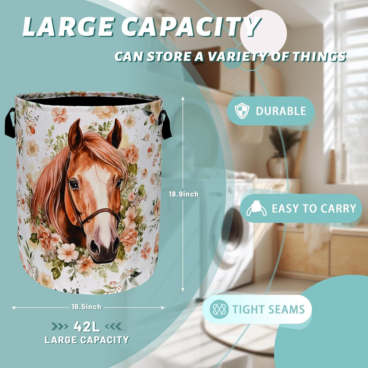 Watercolor Horse Laundry Basket Foldable With Handles Cute Animal Floral Tote Bag Oxford Cloth