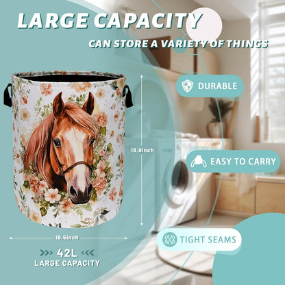 Watercolor Horse Laundry Basket Foldable With Handles Cute Animal Floral Tote Bag Oxford Cloth