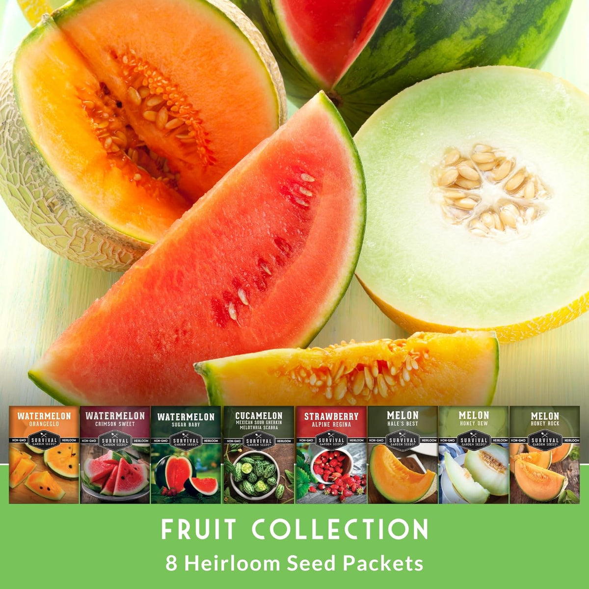Fruit Seeds for Planting - 8 Variety Pack | Watermelon, Cantaloupe, Melon, Strawberry, Cucamelon