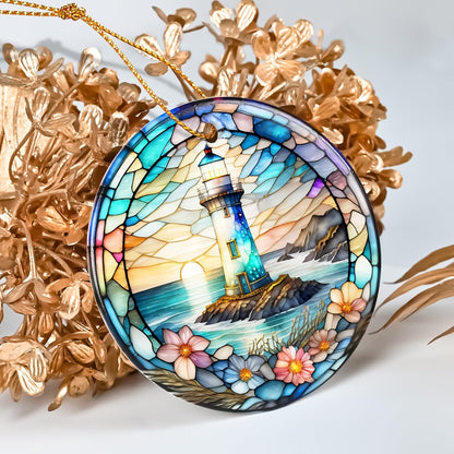 Colorful Ceramic Lighthouse Christmas Ornament for Tree, Holiday Decorations, Christmas Decor