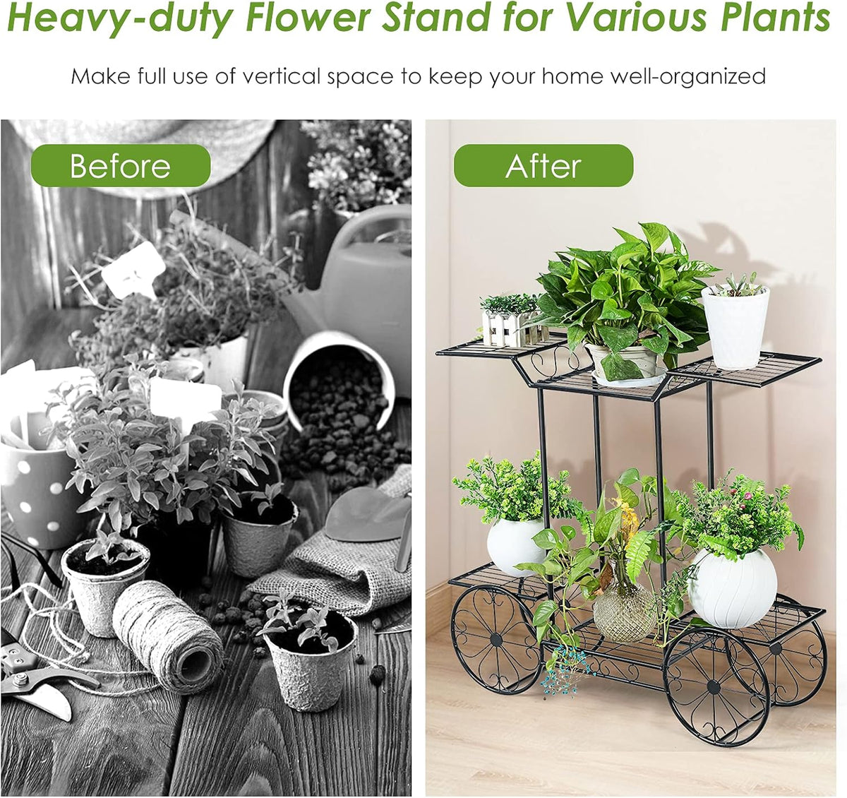 Safstar 6 Tiered Metal Plant Stand w/4 Decorative Wheels, Multilayer Flower Display Shelf for Home