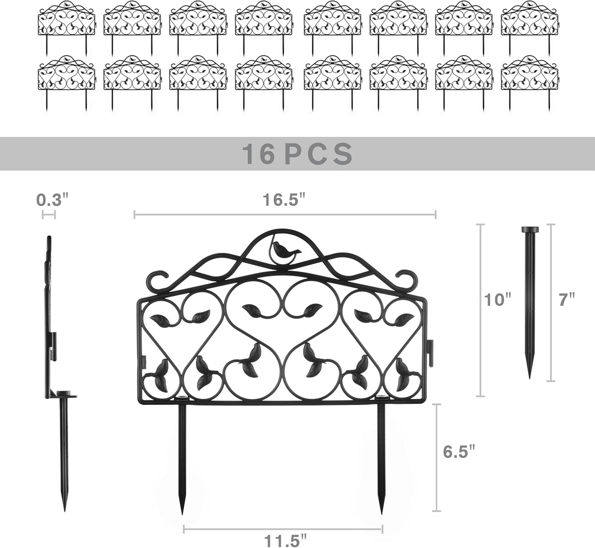 Evelyne Decorative Garden Border Edging: Faux Wrought Iron Leaf & Bird Design