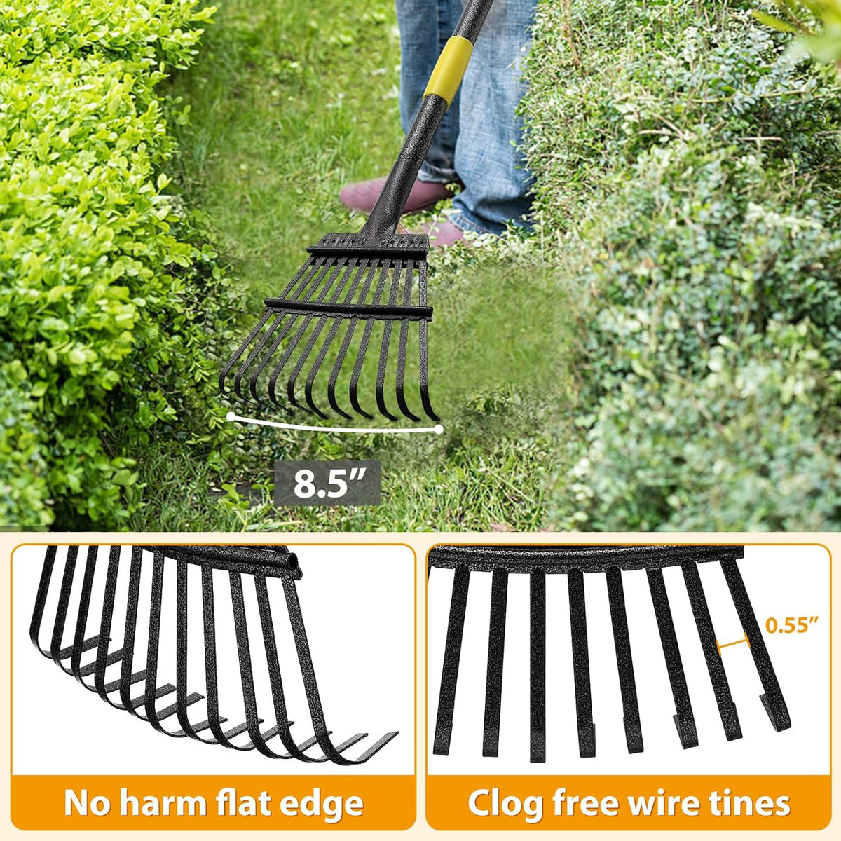 Rake, Garden Leaf Rakes for Lawns Heavy Duty, Yard Metal Rake Tools with 9" Small Narrow Rake Head