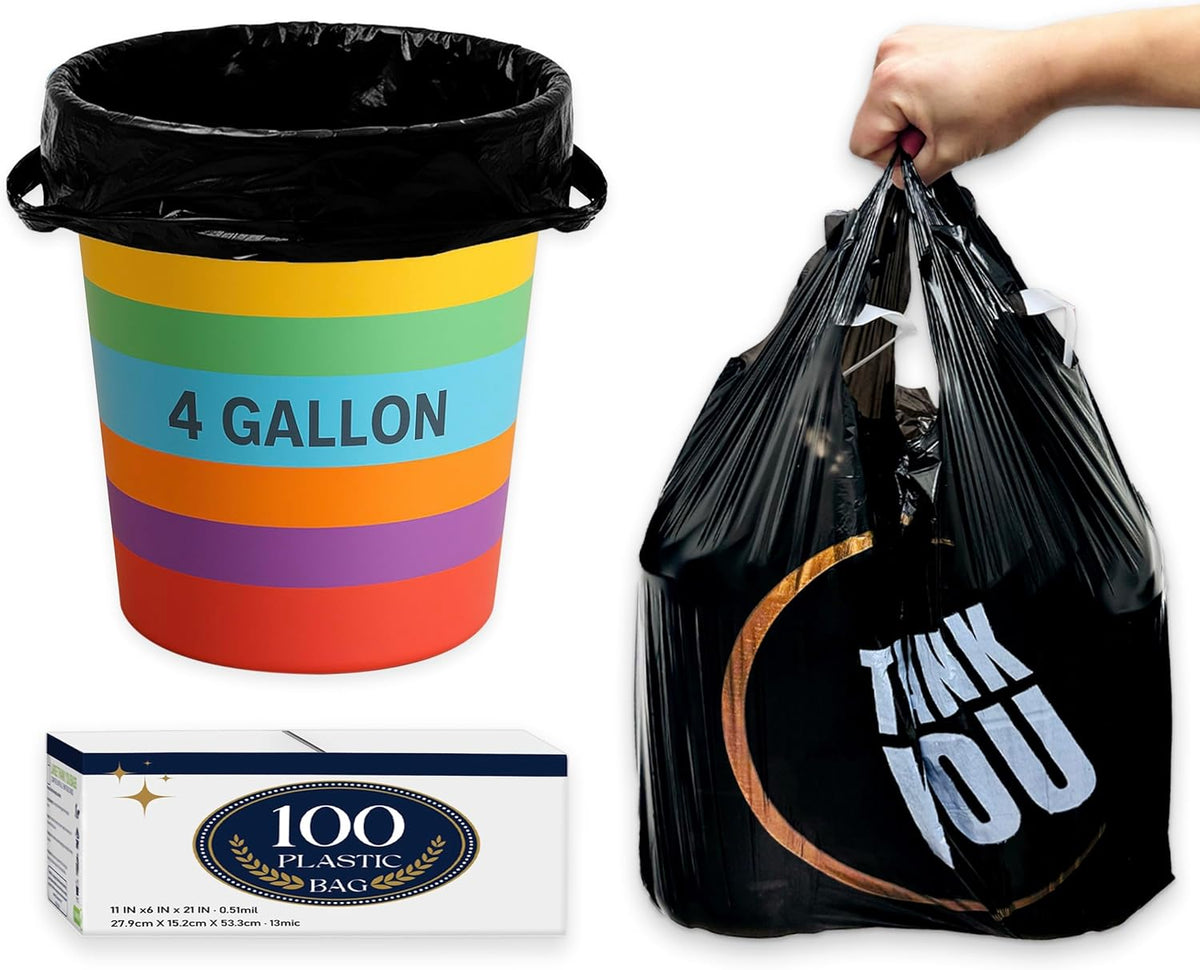 4 Gallon Small Black Trash Bags with Handles 100 Count, 11" x 21" Plastic Garbage Bags for Home