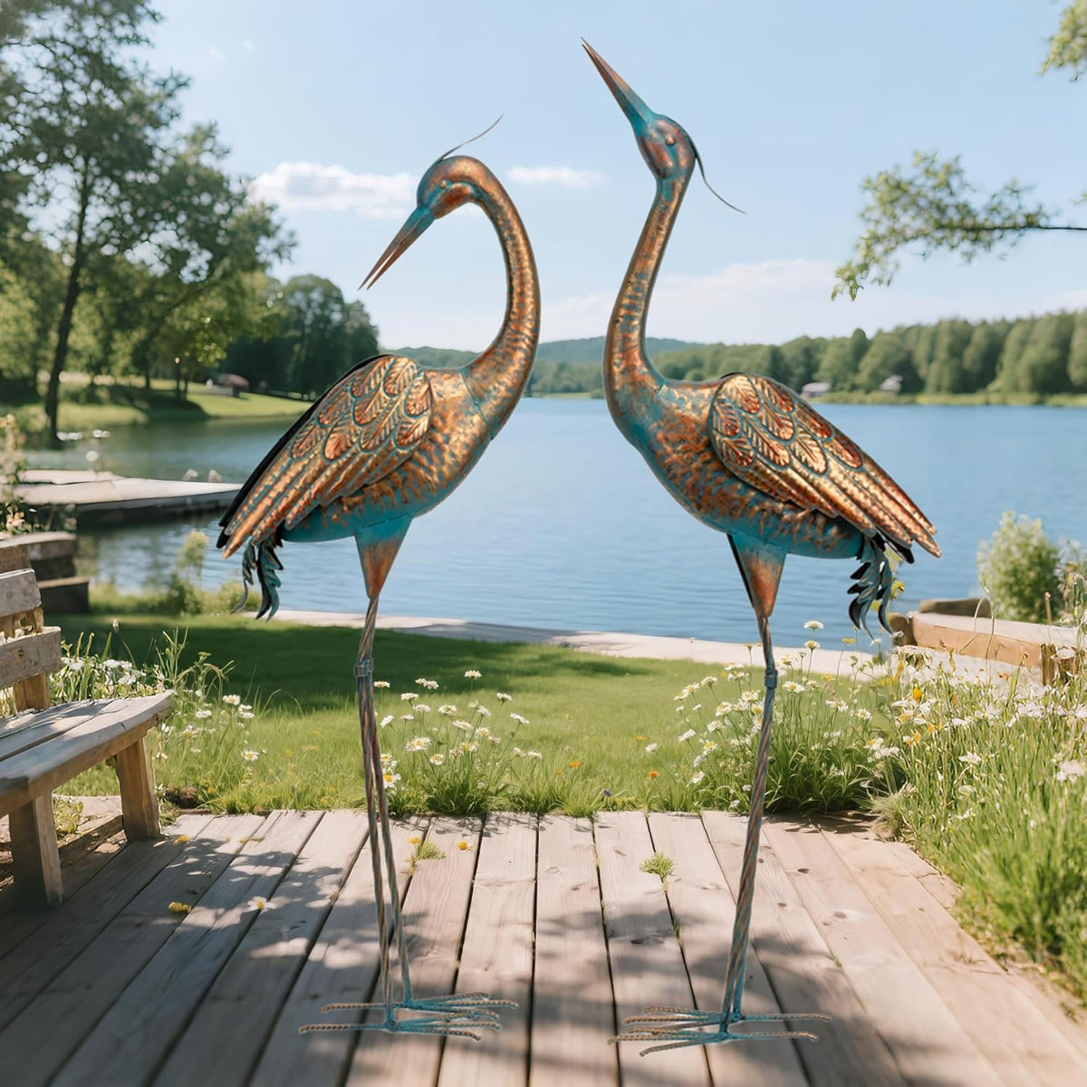 chisheen Garden Crane Statues Blue Heron Metal Yard Art Outdoor Decoration,Large Sculptures for