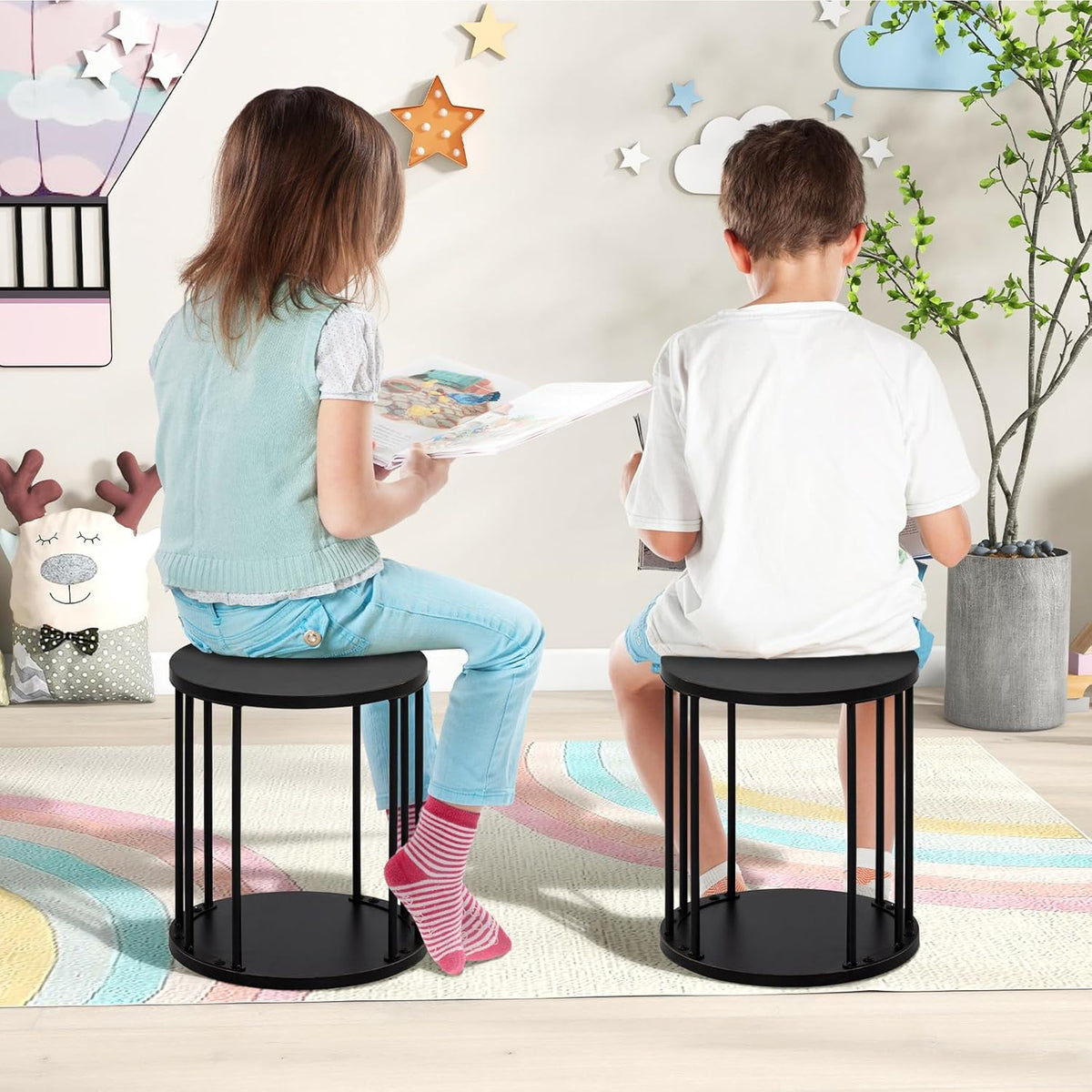 HDANI Wooden Stool Set of 2 for Kids,Adults,300lbs Load Capacity Garden Round Wood Stool,Non-Slip