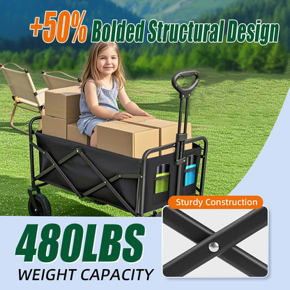 Collapsible Wagon Cart Foldable 37" L 480lbs Capacity, Heavy Duty Beach Wagon, Shopping Carts with