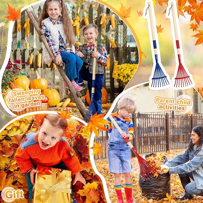 Suclain 2 Pcs Kids Rake with Hardwood Handle Small Child Size Multicolor 28'' Mini Rake for Leaves