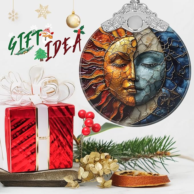 Stained Glass Suncatcher Ornament - Sun and Moon Christmas Decorations - Christmas Ornaments for