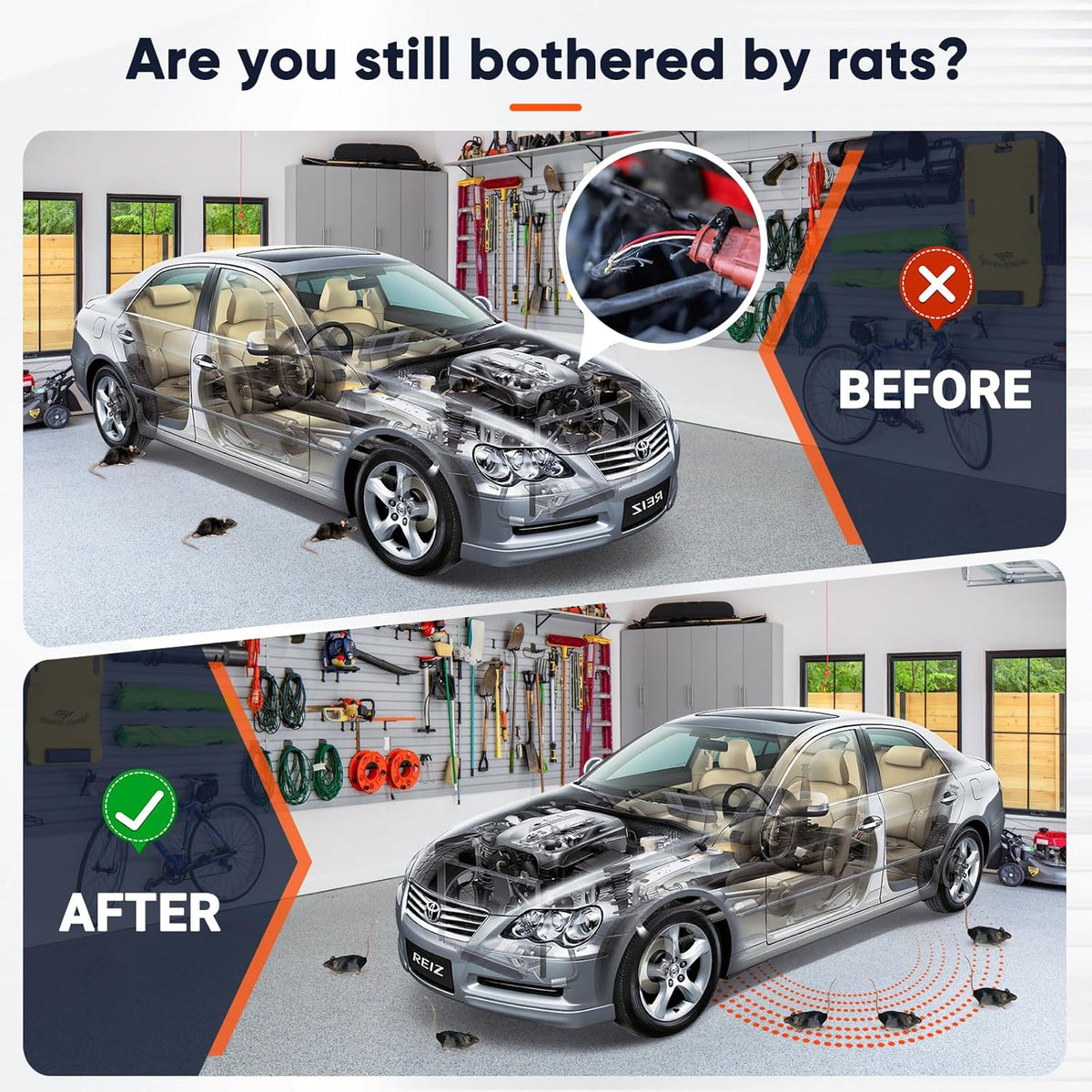 Ultrasonic Rodent Repellent for Car Engine, 2 Pack Mouse Repellent – Battery Powered Under Hood