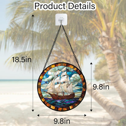 Stained Glass Window Hanging, Sailing Ocean Sun Catchers Glass Panel Navigation Suncatcher Decor