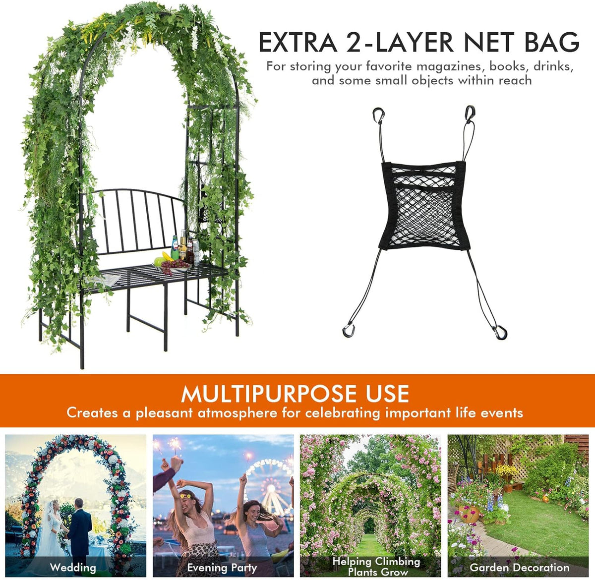 Giantex 81in Metal Garden Arch with Bench, Outdoor Garden Arbor Archway Trellis for Climbing Plants