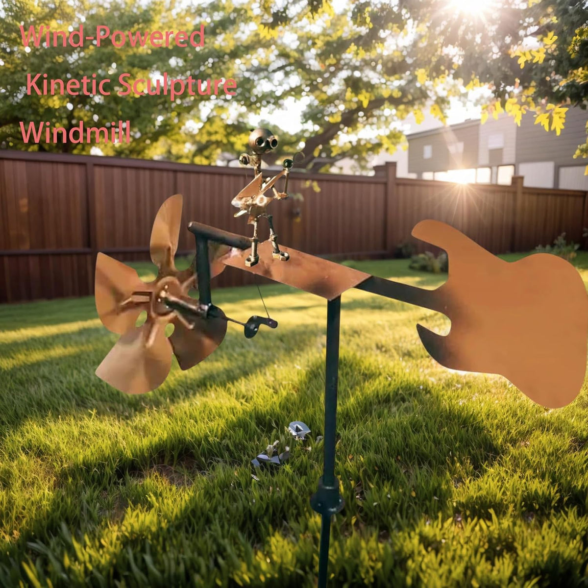 Garden Handmade Metal Rock Band Drummer Guitar Windmill, Kinetic Art Metal Sculpture Wind Spinners