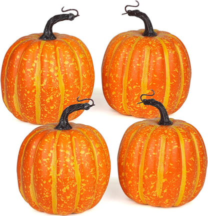 Artmag 6 Inch Large Artificial Pumpkins, 4PCS Big Orange Drawing Line Faux Foam Harvest Pumpkins