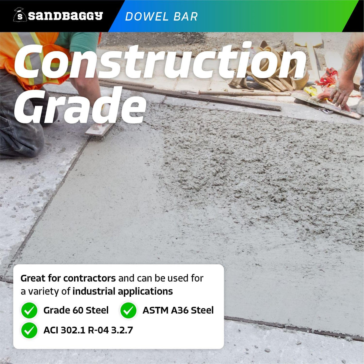 Sandbaggy Smooth Concrete Dowel Bar (3/4" W x 18" L) - Saw Cut Ends - Plain Grade 60 Steel