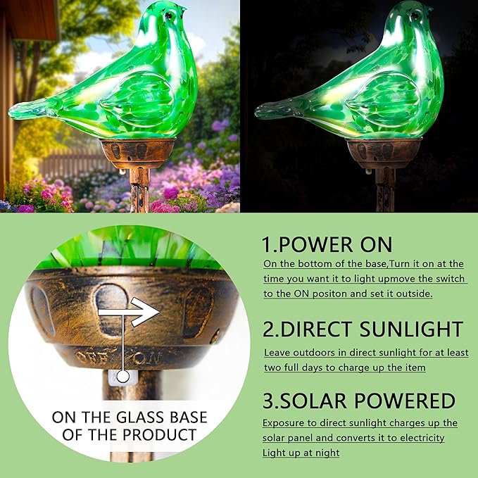 Solar Bird Garden Stake Lights - Hand Blown Glass Decorative Garden Pathway Lights Outdoor