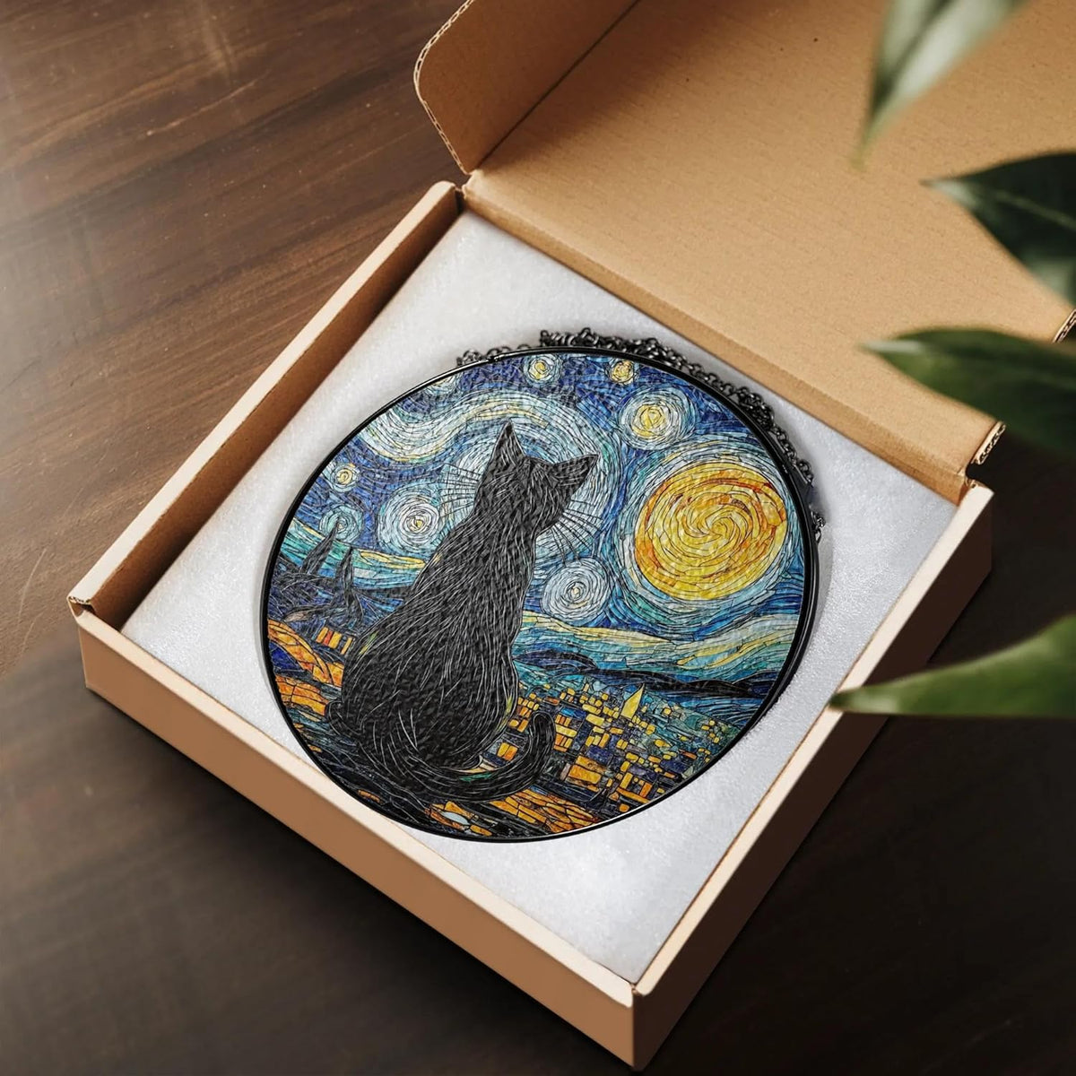 Starry Night Black Cat Stained Glass Suncatcher Window Hanging Decor for Garden, Cat Suncatcher