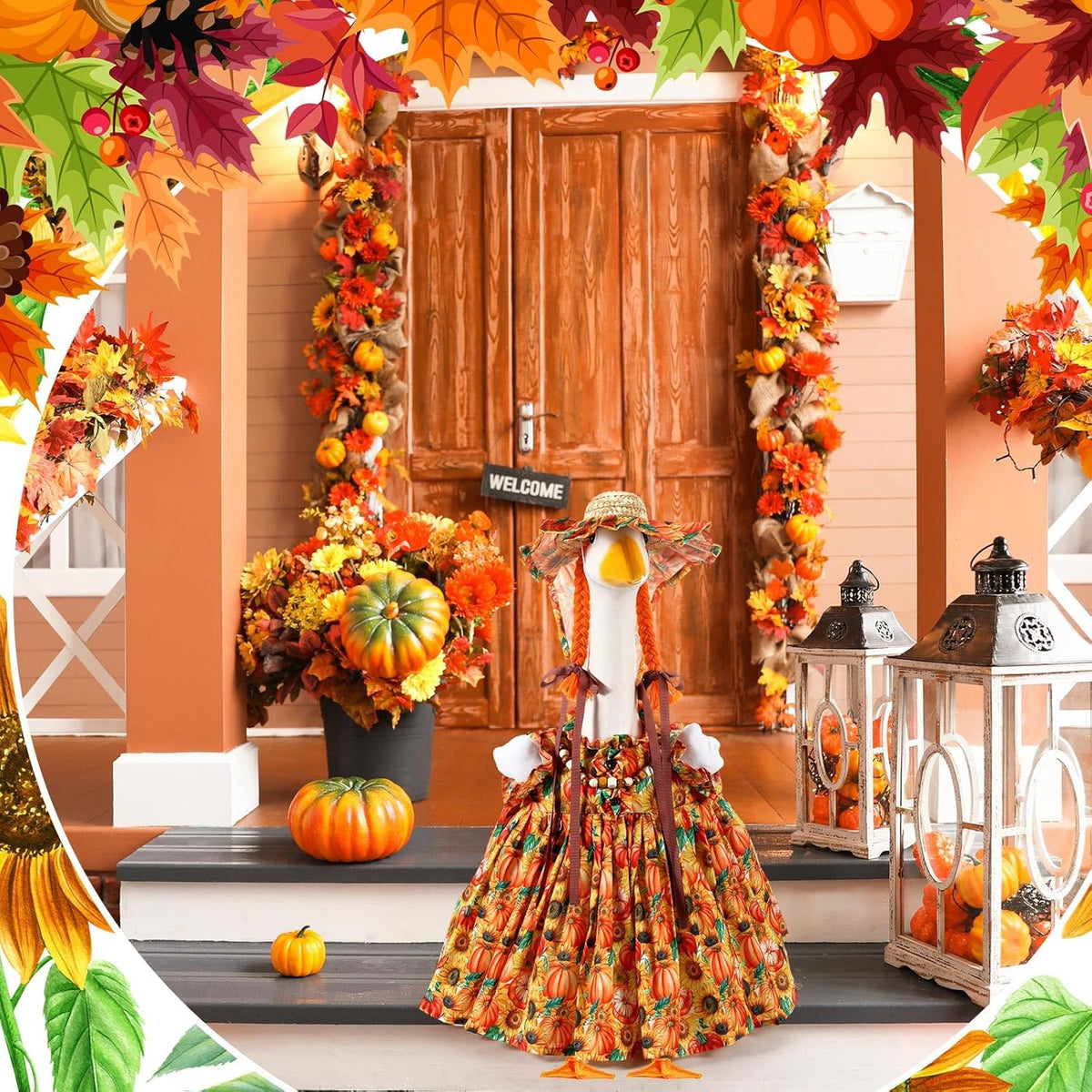 Fall Thanksgiving Goose Outfit Sunflower Porch Goose Costume with Hat Necklace for 23 Autumn Patio