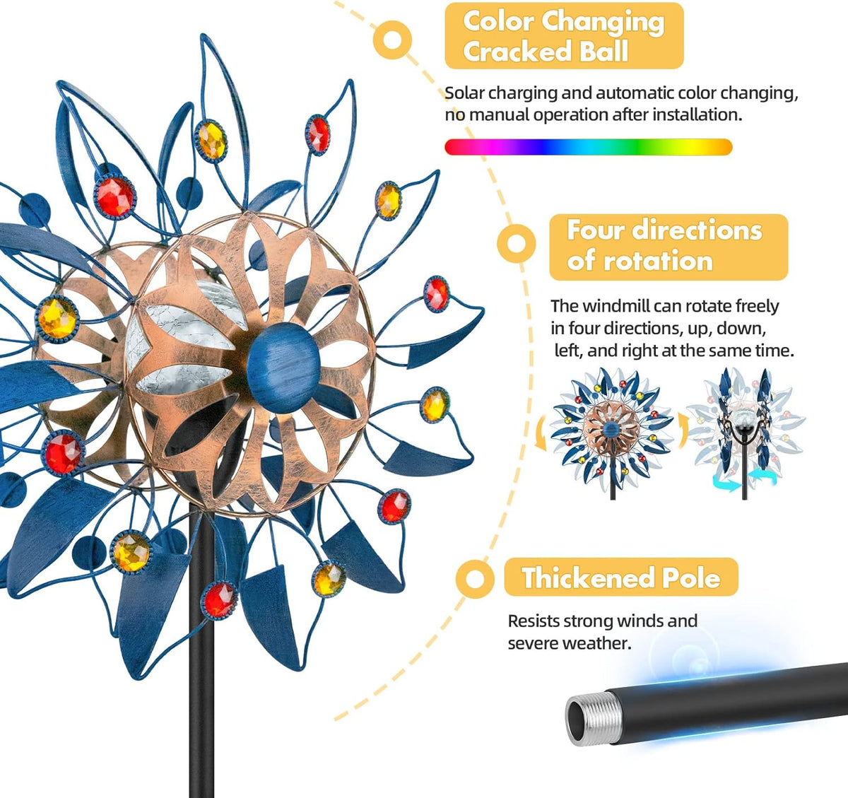 Solar Wind Spinner, Waterproof Outdoor Metal Wind Sculpture for Patio, Lawn & Garden Decor (Retro