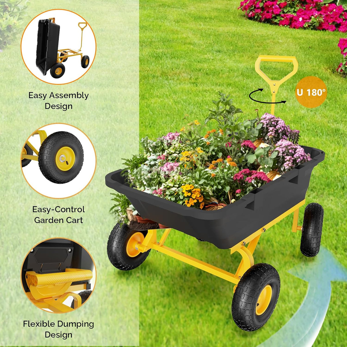 VINGLI Heavy Duty Dump Cart Wagon, 770LBS Quick-Release Dump Poly Wheelbarrow, 10in All-Terrain