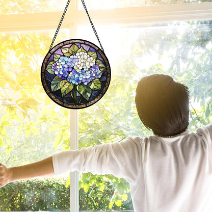 Stained Glass Window Hanging, Hydrangea Flowers Sun Catchers Diamond Glass Panel Hangings Plant