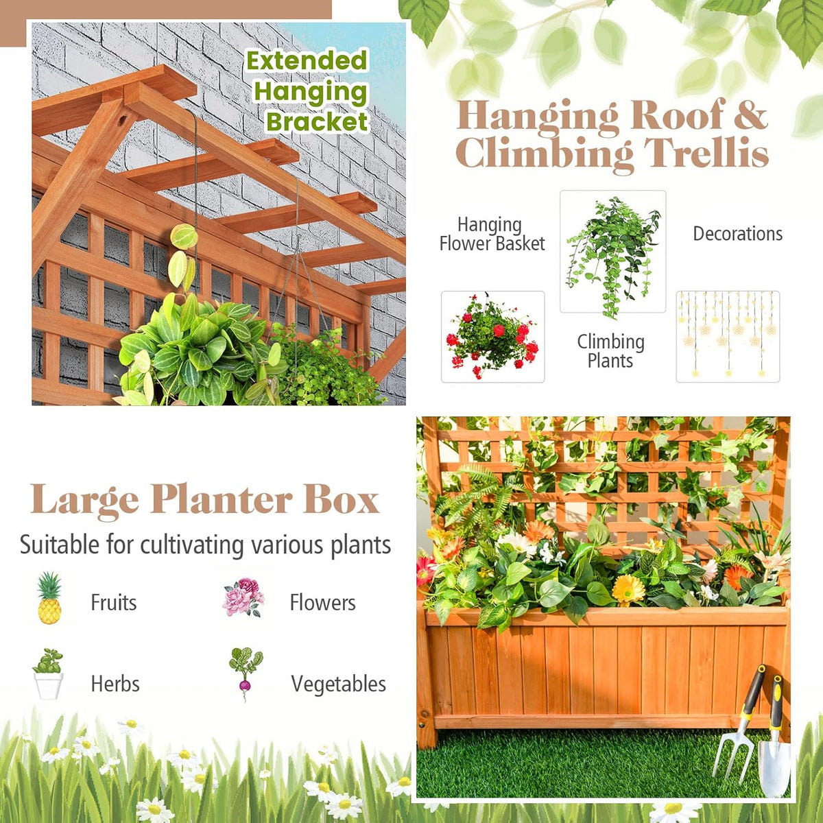 S AFSTAR Raised Garden Bed with Trellis, Wood Elevated Planter Box with Hanging Roof & Climbing
