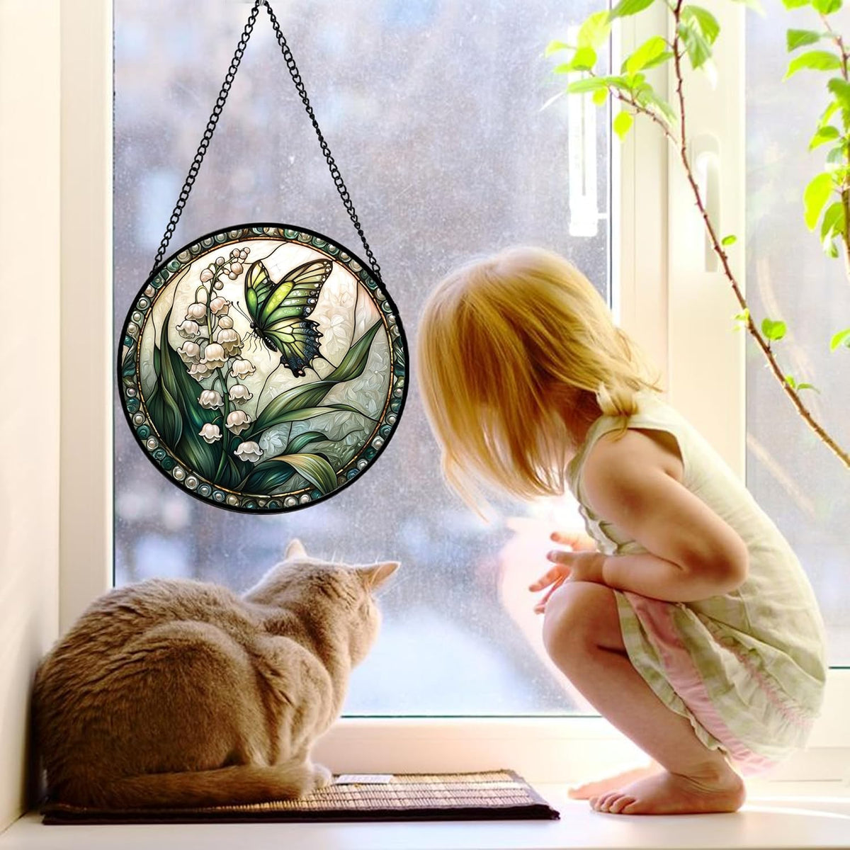 Stained Glass Window Hanging, Lily of The Valley Flower Butterfly Suncatcher for Doors Home Sun