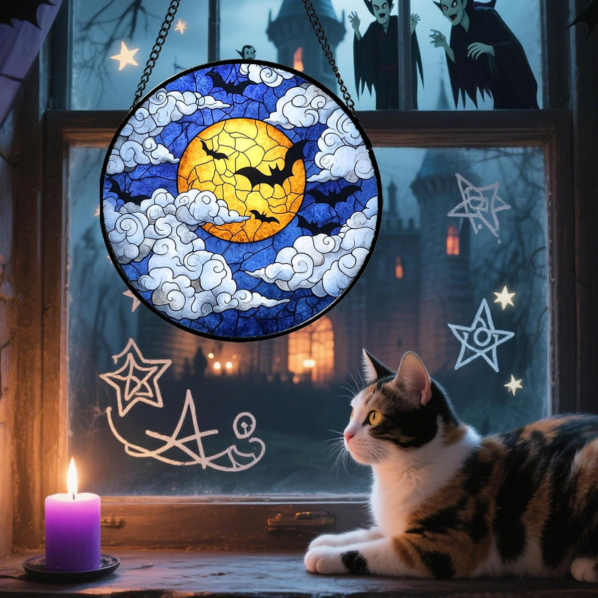 Stained Glass Window Hanging - Halloween Decorations Bats Moon Clouds Suncatcher for Doors Garden