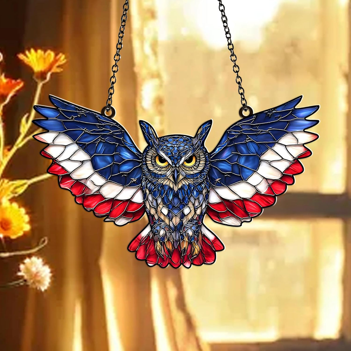 American Flag Owl Suncatcher – Acrylic Suncatcher Window Hanging – Patriotic Owl Decor for Home