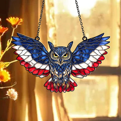 American Flag Owl Suncatcher – Acrylic Suncatcher Window Hanging – Patriotic Owl Decor for Home