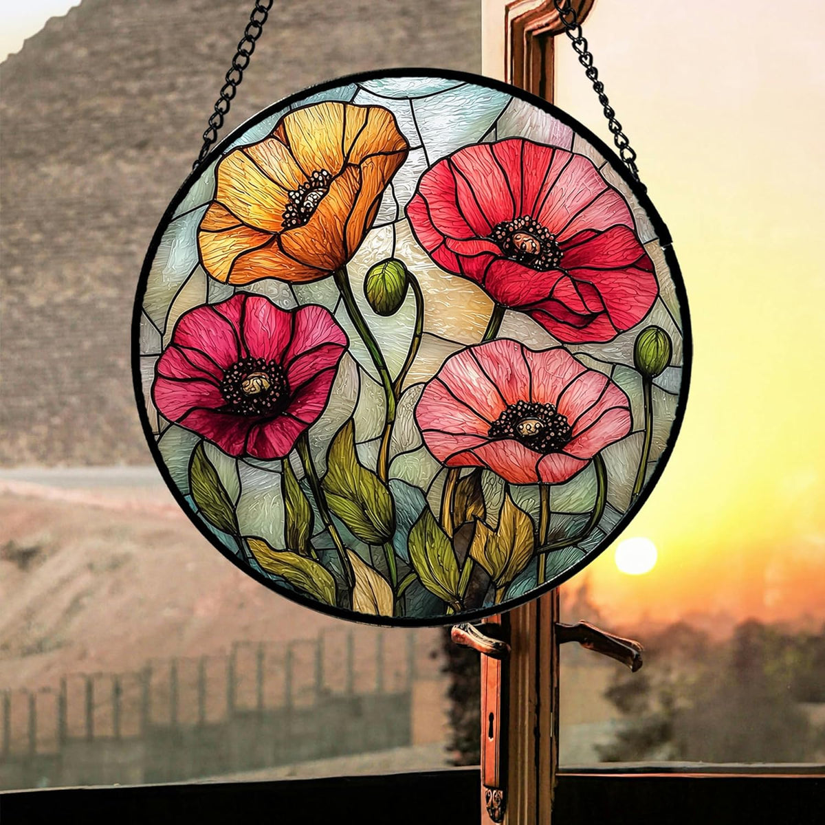 Stained Glass Window Hanging, Red Orange Poppy Birth Flowers Sun Catcher for Door Garden Yard Decor