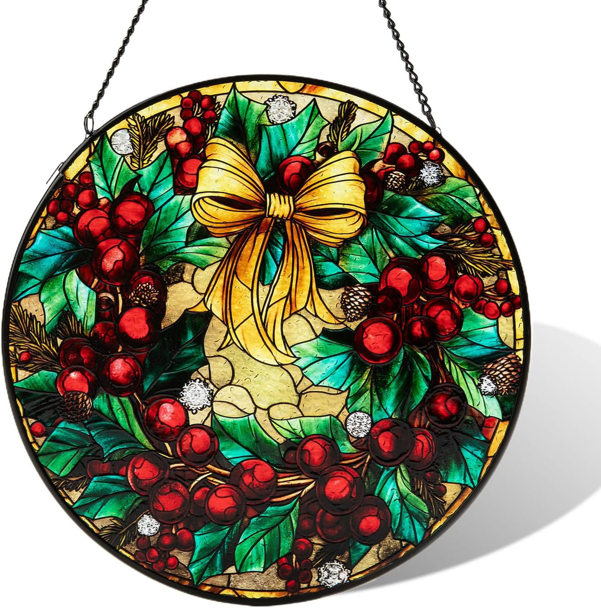 Stained Glass Window Hanging, Christmas Festive Holly and Red Berries Suncatcher for Doors Home Sun