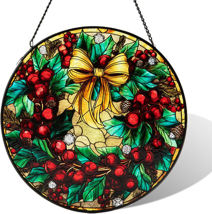 Stained Glass Window Hanging, Christmas Festive Holly and Red Berries Suncatcher for Doors Home Sun