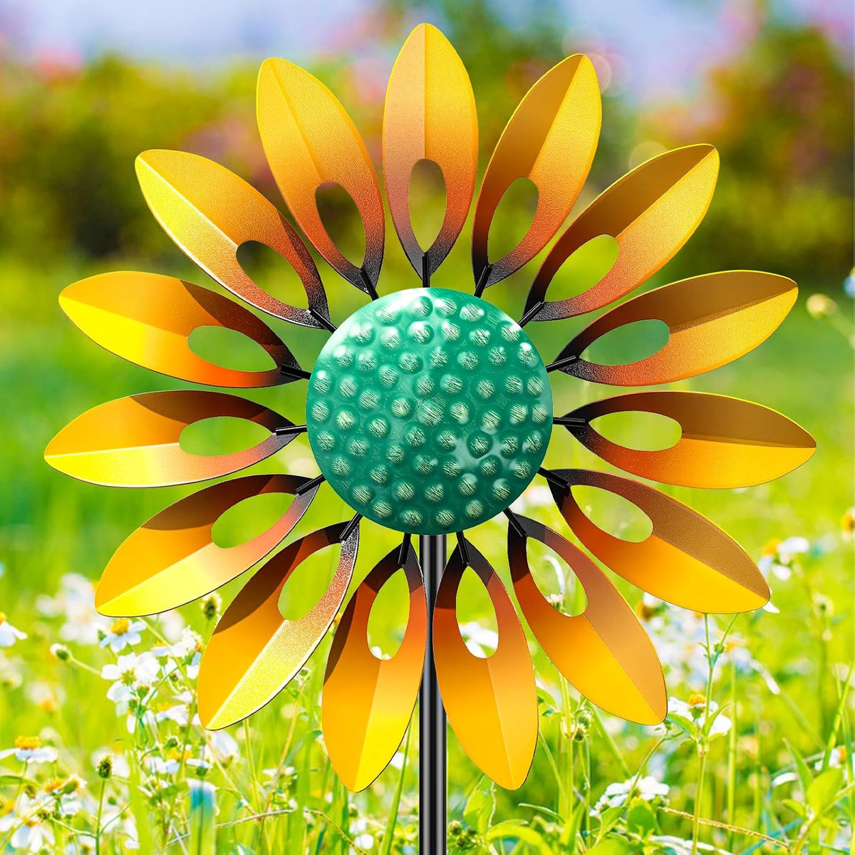 Sunflower Wind Spinners Outdoor, MeyRolizn Metal Pinwheel Wind Sculpture with Stake, Small Windmill