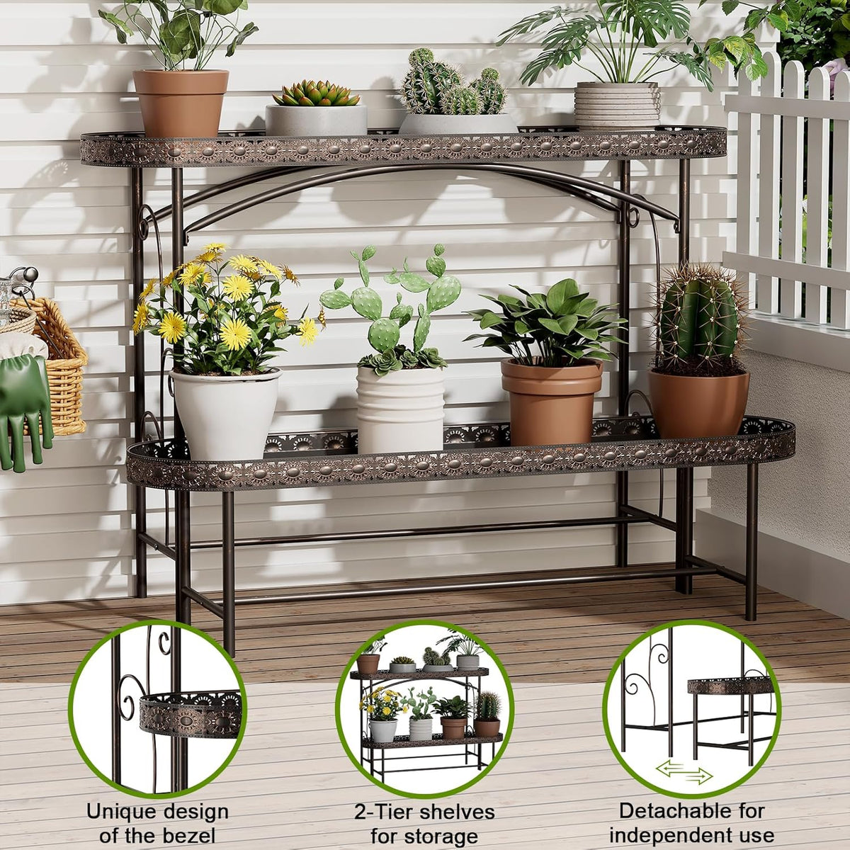 Plant Stand Outdoor Indoor 2 Tier Metal Pland Stand, Detachable Heavy Duty Tall Plant Shelf Rack