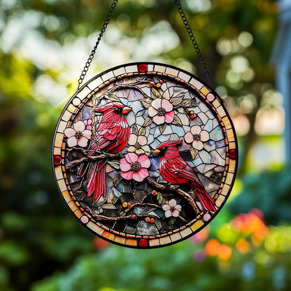 Cardinal Stained Glass Suncatcher - Hand-Painted Window Hanging with Metal Chain, Outdoor/Indoor