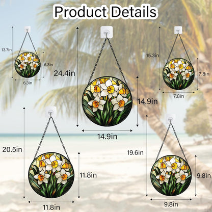 Stained Glass Window Hanging, Yellow and White Daffodils Sun Catcher for Door Home Decor Plants