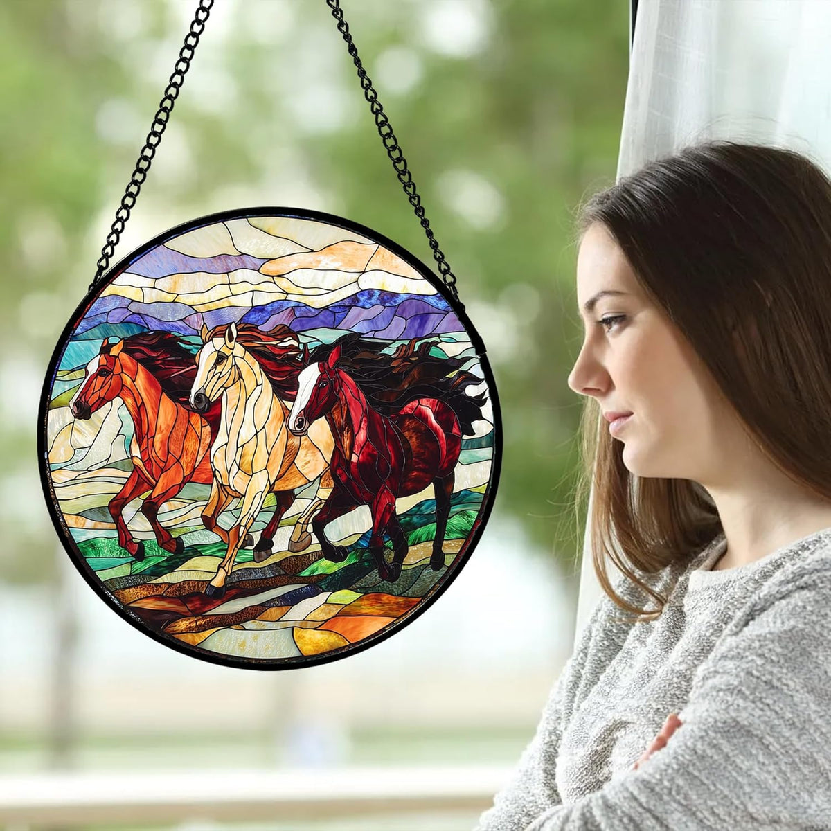 Stained Glass Window Hanging, Colorful Landscape Running Horse Suncatcher for Doors Window Home Sun