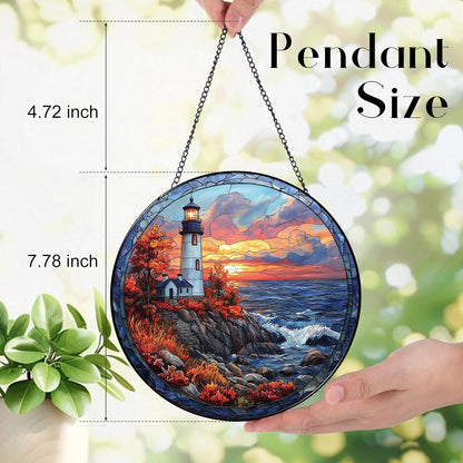 Coastal Lighthouse in Autumn Suncatcher -7.9 in Stained Glass Window Hanging Sun Catcher Garden