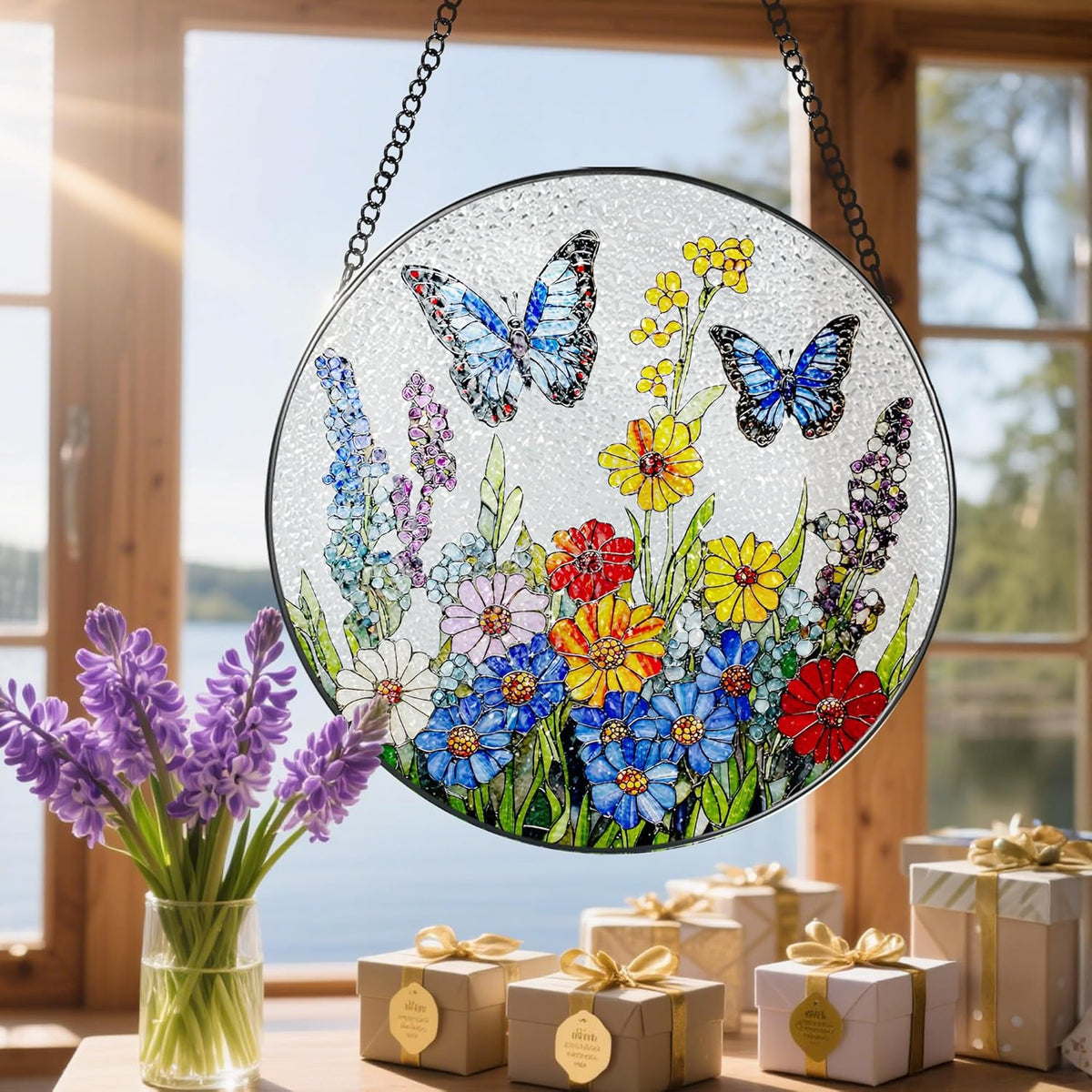 Stained Glass Window Hanging, 8 Inch Stained Glass Suncatcher Ornament, Suncatchers for Windows